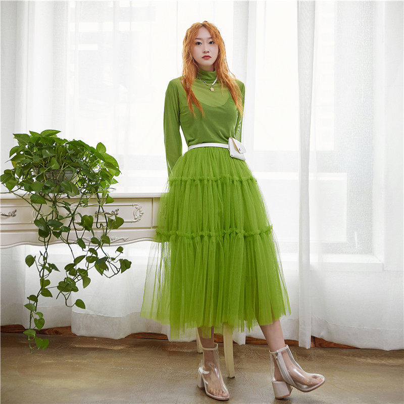 2021年韩版中长新款仙女牛油果绿网纱蓬蓬裙字高腰裙夏半身长裙
