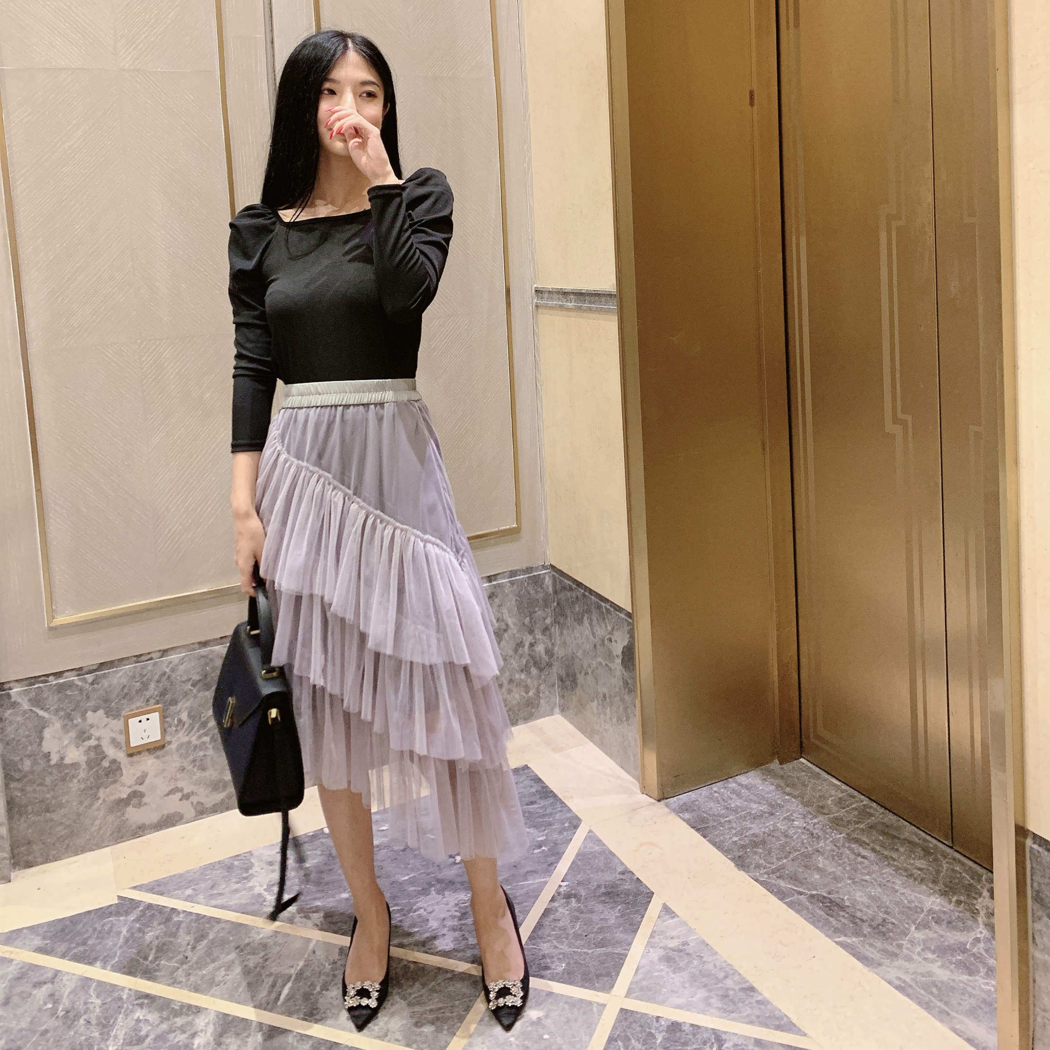 灰色纱裙冬季半身女士新款超仙中长款