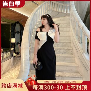 GLEC大码女装2024年新款高级感法式优雅露肩撞色蝴蝶结连衣裙显瘦