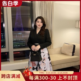 GLEC高端胖mm大码女装2024新款法式收腰拼接印花假两件西装连衣裙