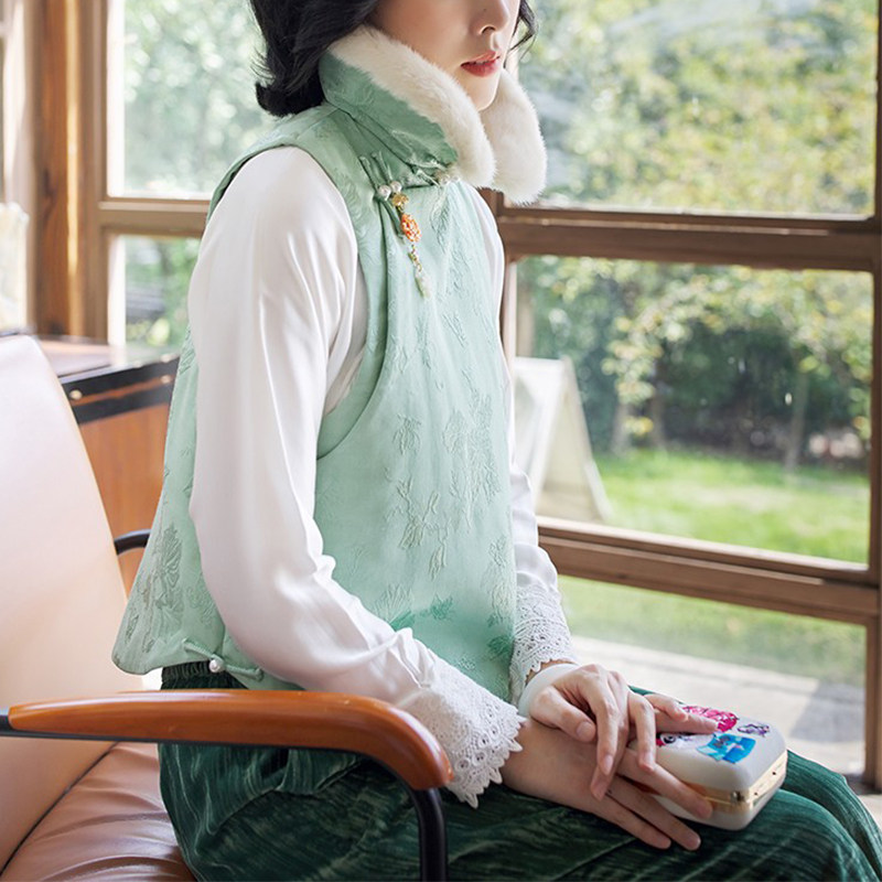 cpp849a丨小凤仙丨 环保水貂毛领中式民国圆弧摆短款秋冬棉马甲女