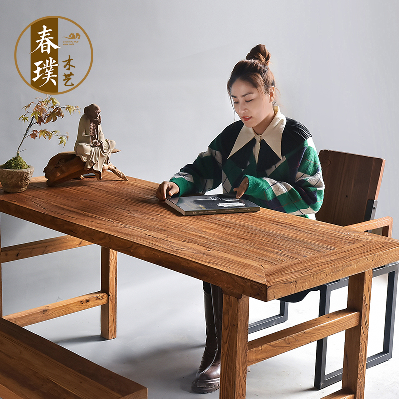 老榆木茶桌实木门板桌中式长桌风化纹复古餐桌椅茶台家用书桌