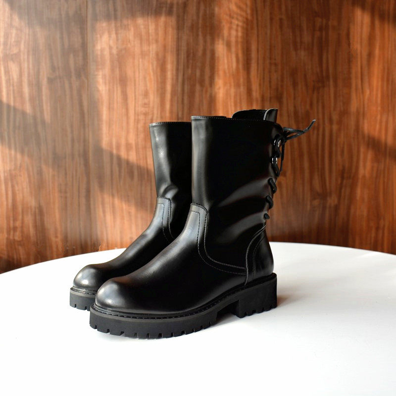 法国单!真皮马丁靴2021秋冬季新款圆头平底女短靴后系带复古单靴