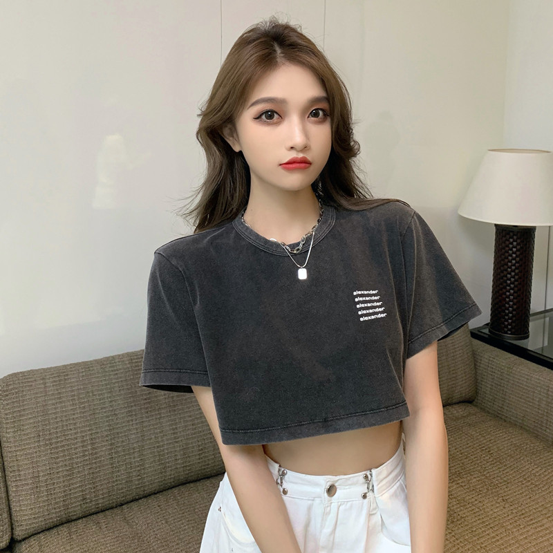 春季字母印花做旧短袖t恤女ins潮外穿超短款辣妹穿搭露脐半袖上衣