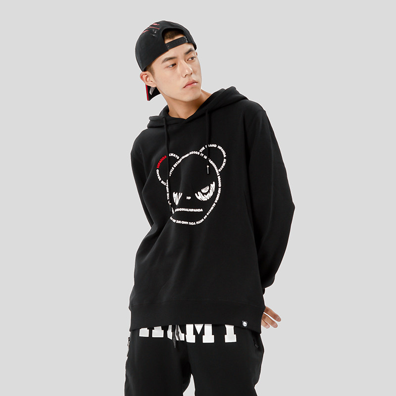 hipanda你好熊猫男款字母熊猫头印花连帽衫嘻哈卫衣运动街头潮牌