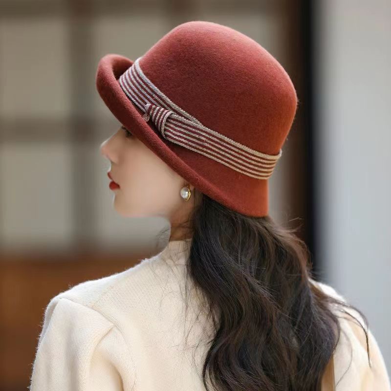 新款羊绒毡帽女士羊毛帽保暖洋气高级礼帽秋冬时尚盆帽卷边渔夫帽