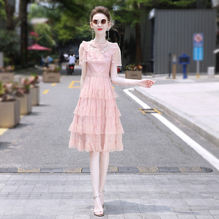 蛋糕裙2024年修身裙子女夏高级感超仙粉色法式网纱连衣裙过膝长裙