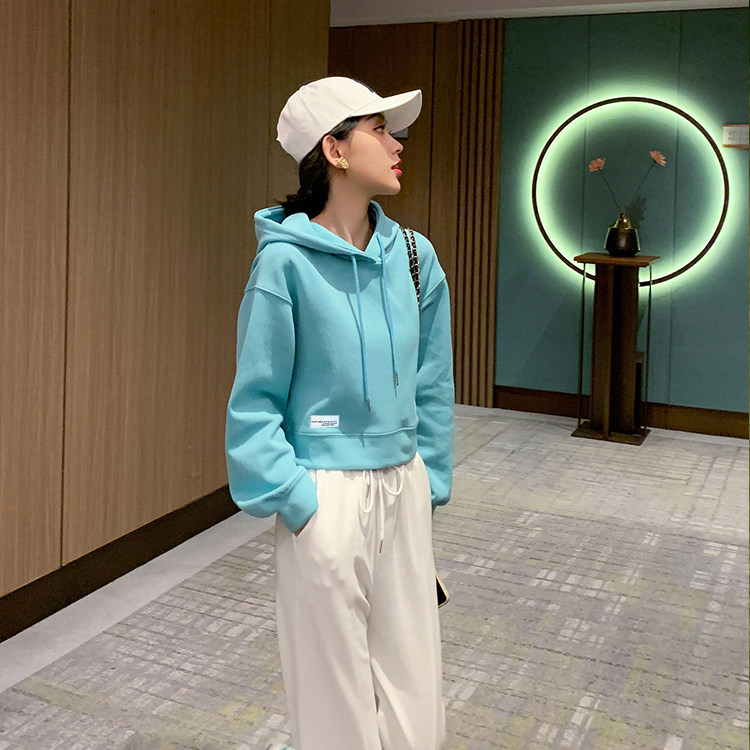 港风糖果色连帽卫衣女短款2021年新款春秋纯色套头外套上衣ins潮