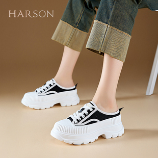 哈森包头半拖鞋女2024新款夏季外穿厚底鞋帆布半托懒人一脚蹬女鞋