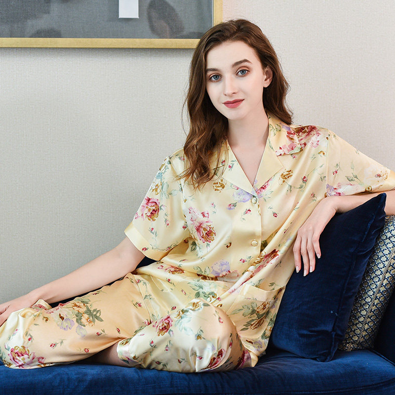 洁绣女春秋桑蚕丝大码家居服两件套短袖长裤重磅真丝绸睡衣套装