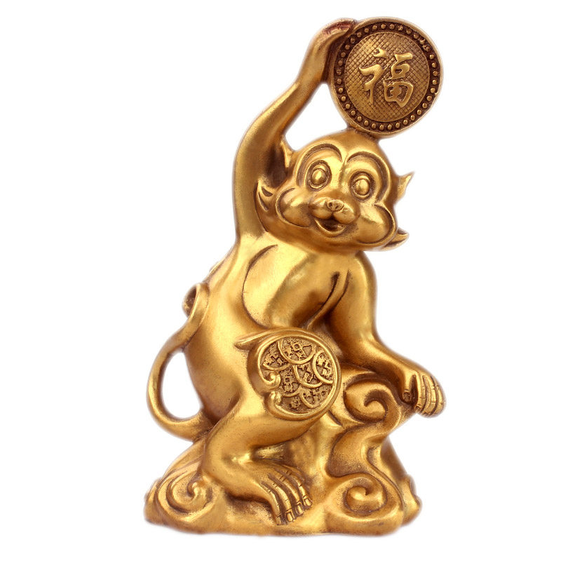 聚缘阁黄铜猴摆件十二生肖金色猴子福字中式家居客厅装饰工艺品