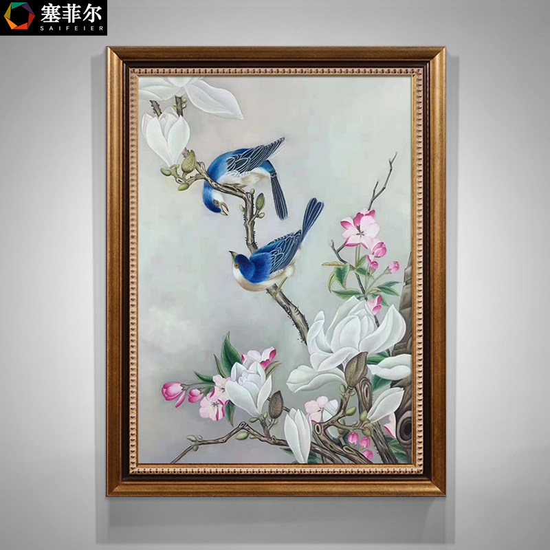 玄关装饰画纯手绘油画新中式古典花鸟挂画餐厅过道竖版壁画玉兰花