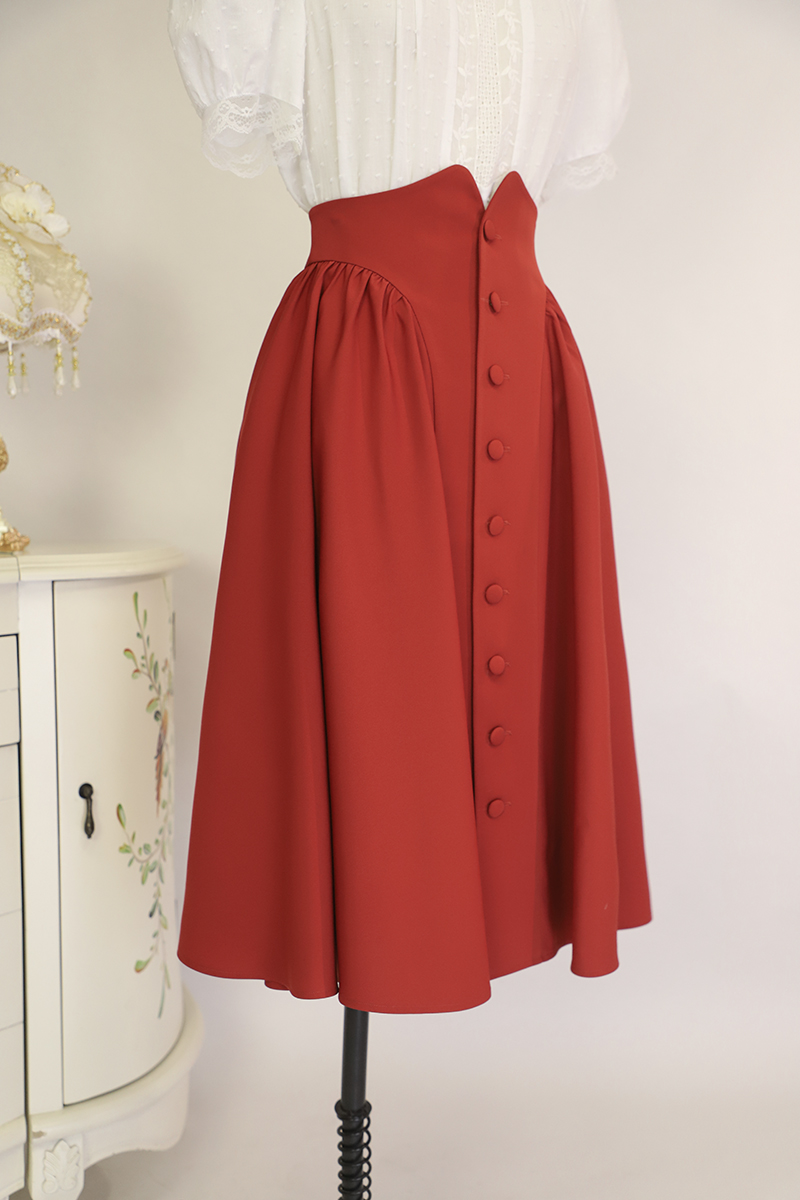 FXMHK f复古高腰宫廷风半身裙大摆红色两面穿前开襟半截中裙春季