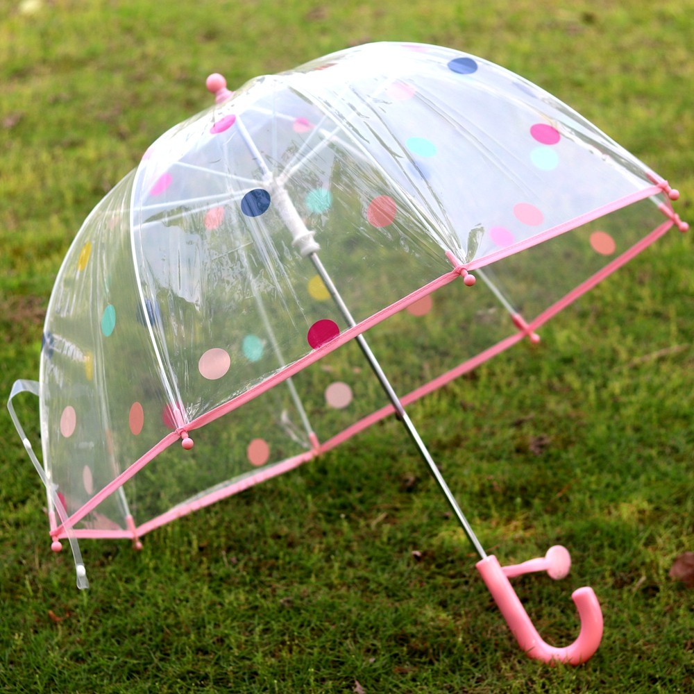 防夹手彩色圆点粉色边卡通儿童伞女童用透明雨伞软萌系抗风长柄伞