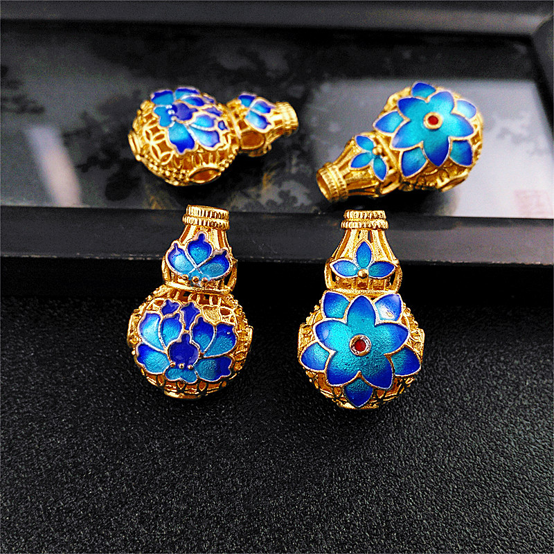 景泰蓝一体三通  纯铜镀金三孔烧蓝隔珠佛头diy佛珠手链文玩配件