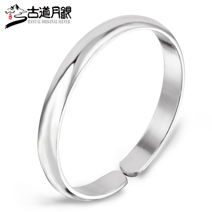 银手镯女999纯银男 云南雪花银手工定制银饰品 开口光面足银镯子