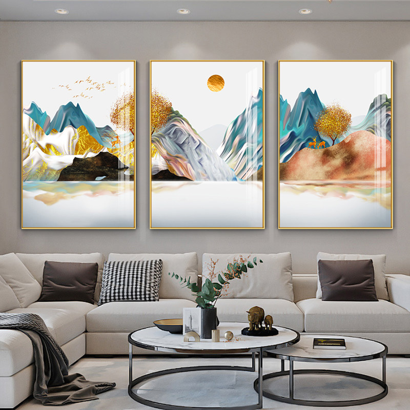 现代简约客厅墙上装饰画沙发背景墙三联画招财风水山水风景晶瓷画
