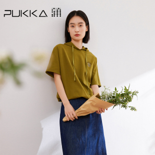 蒲PUKKA 山系运动风T恤女2024夏季新品短袖连帽刺绣连肩上衣