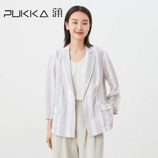蒲PUKKA 原创设计女装春夏新品纯亚麻极简风条纹小西装外套
