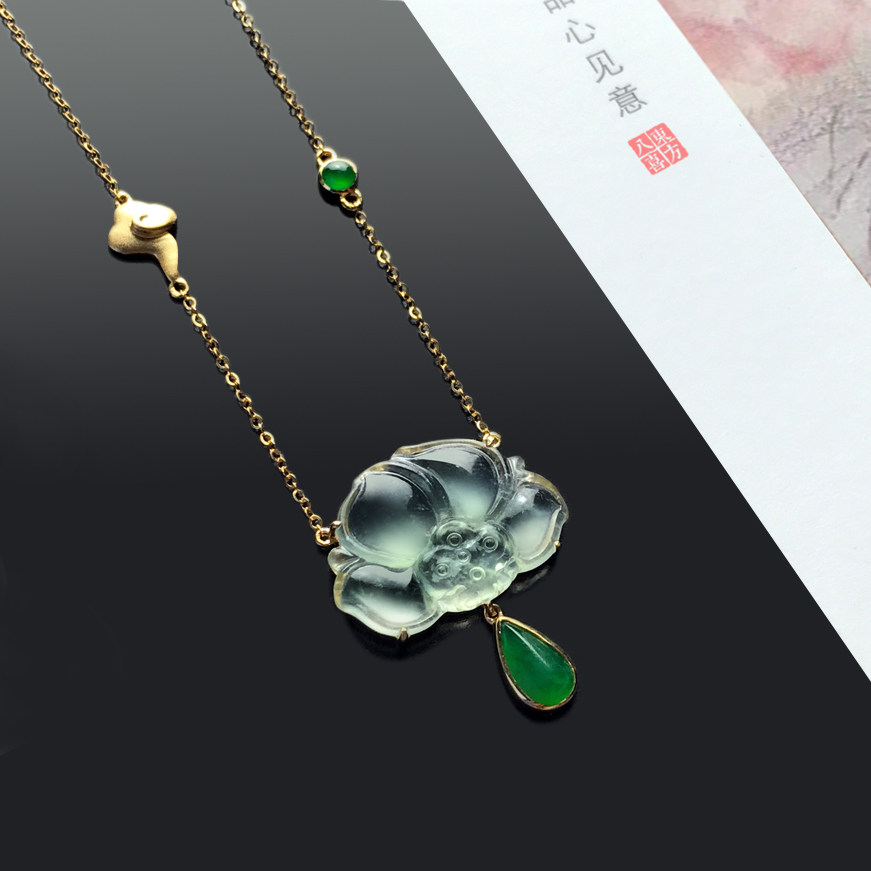 东方八喜18k金镶嵌 天然冰种翡翠荷花绿莲花项链锁骨链吊坠
