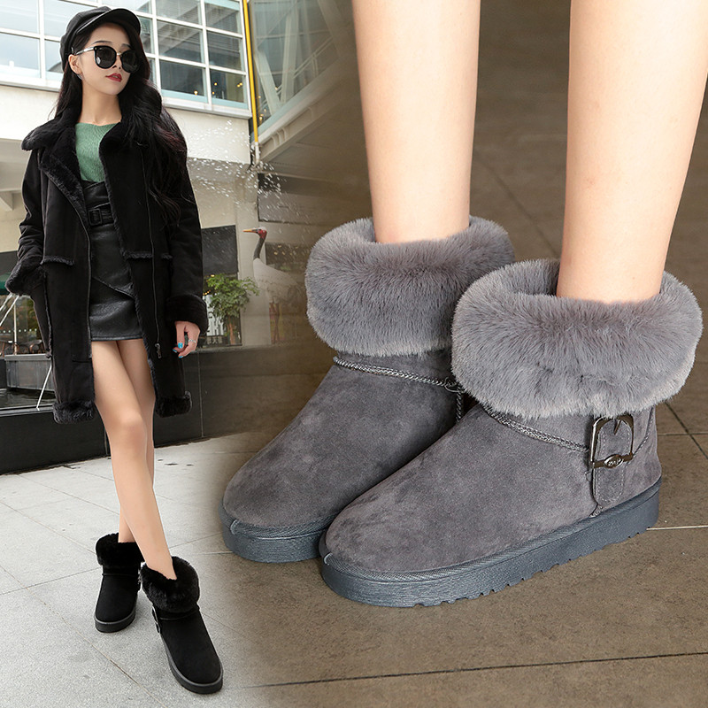 凡麥毛毛雪地靴女鼕季2017新款百搭短筒加絨保暖棉鞋靴子平底女靴