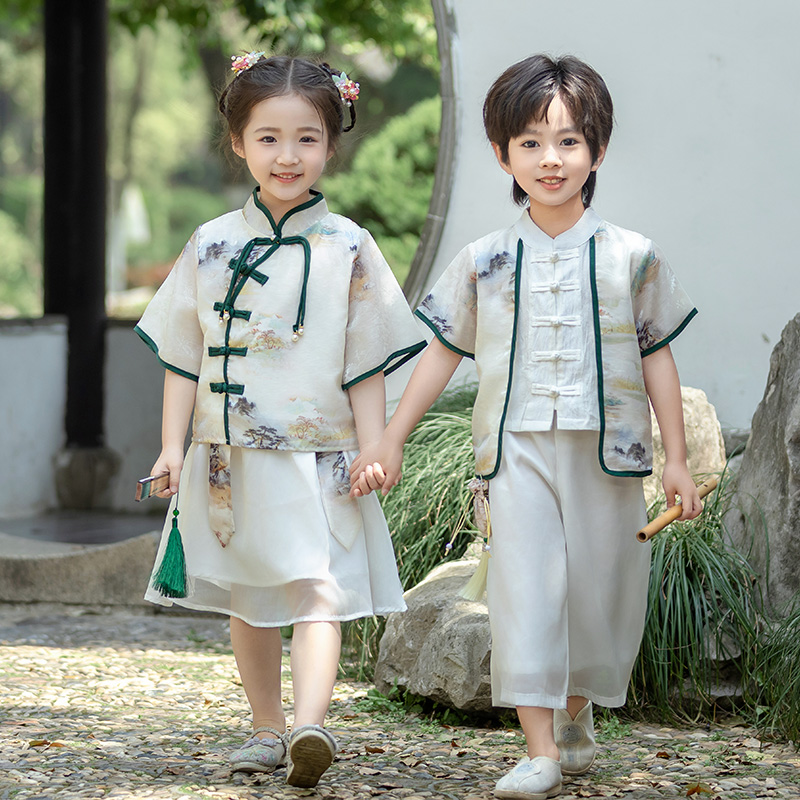 新中式中国风女童夏季幼儿园表演古装薄款男童汉服唐装端午演出服