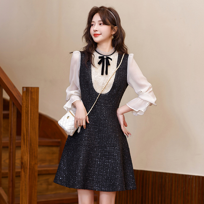 春夏新款韩版裙子气质洋气时尚长袖长裙假两件减龄显瘦甜美连衣裙