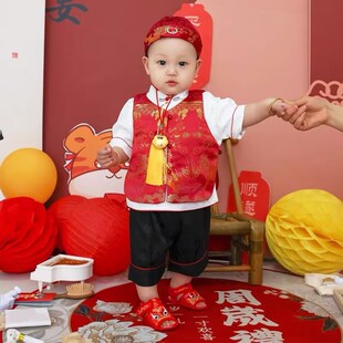 周岁礼服男宝夏季中式分体唐装男童生日宴抓周服百天宝宝衣服套装