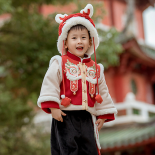 男童汉服冬季新品套装加绒加厚刺绣中国风刺绣外套儿童新年装拜年