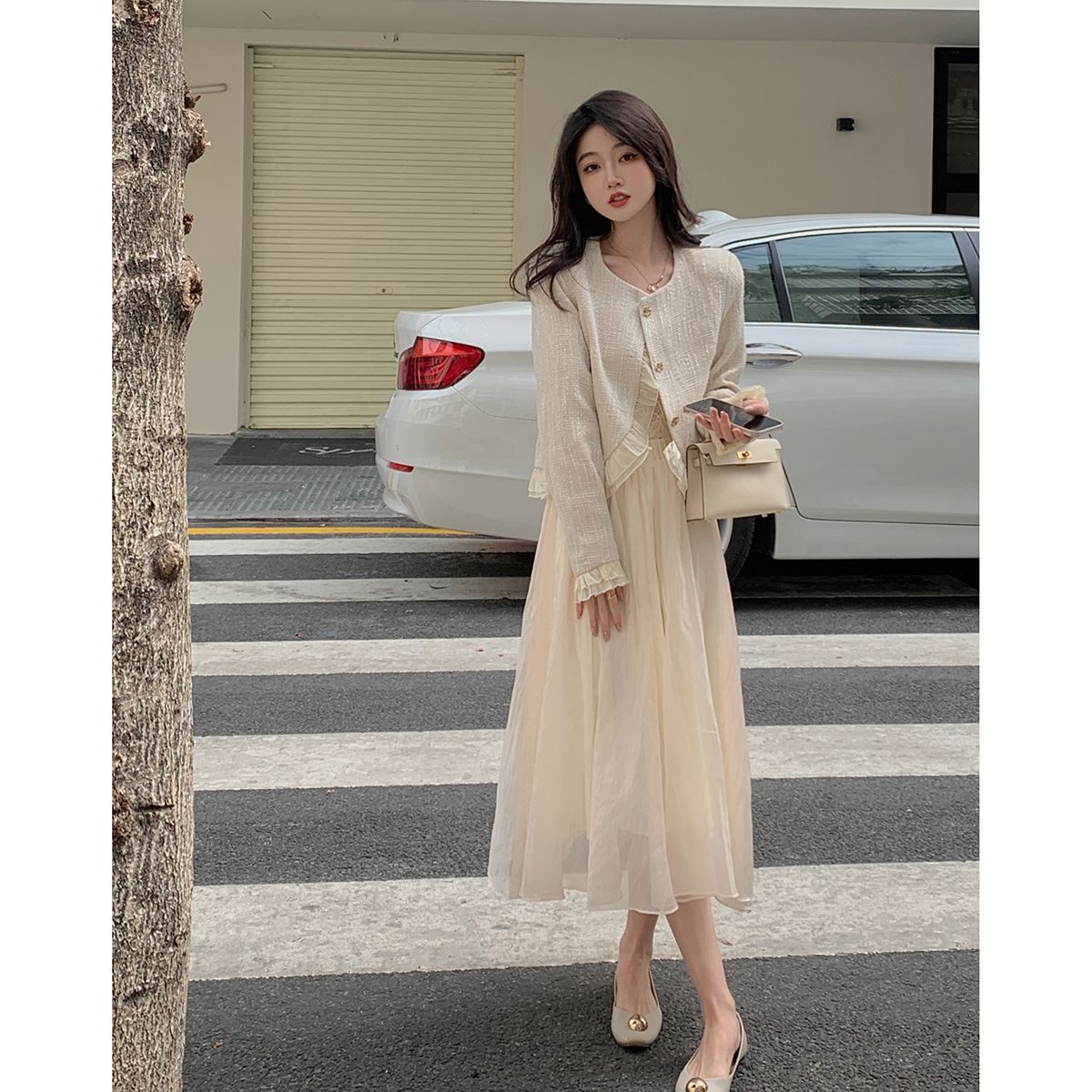 佐佐家小个子小众杏色仙女纱裙女春秋季高腰显瘦中长款百搭半身裙