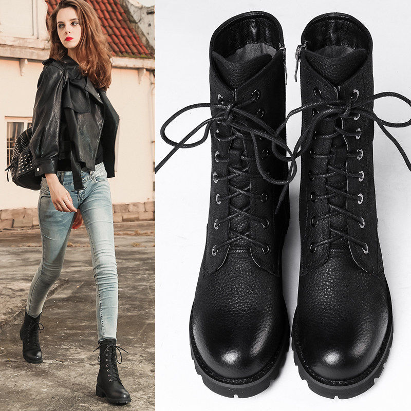 厚底粗跟机车靴女