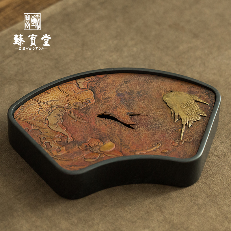 御熹臻宝堂紫铜壶承砚石储水养壶干泡台纯手工浮雕镶铜茶盘