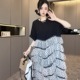 波点网纱拼接连衣裙女2025新款夏季圆领短袖T恤裙长裙欧洲站潮