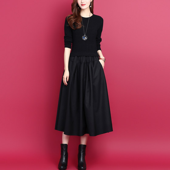 Autumn And Winter 2021 New Korean Style Fake Two-piece Stitched Medium And Long Slim Bottomed Wool Knitted Dress For Women Autumn And Winter 2021 New Korean Style Fake Two-piece Stitched Medium And Long Slim Bottomed Wool Knitted Dress For Women