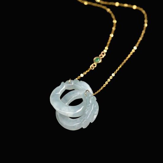 泼墨.细糯 润透飘花 翡翠双龙首如意环 18k黄金 项链/颈链 证全