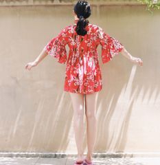 奈良 /日式印花遮肚小胸聚拢比基尼三件套雪纺罩衫度假温泉泳衣