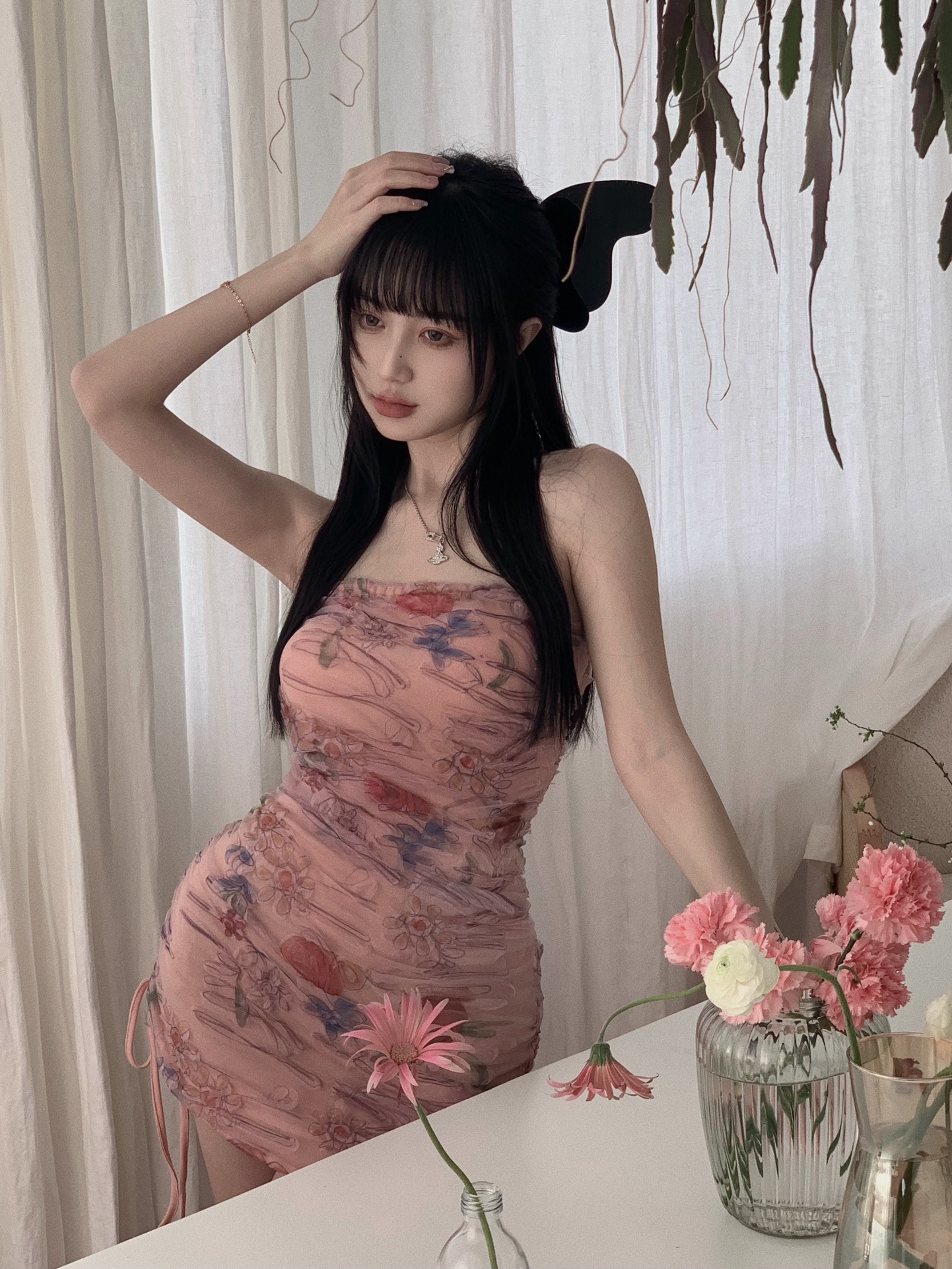 网红女主播性感连衣裙纯欲系辣妹立体网纱显胸大花朵抹胸包臀裙子