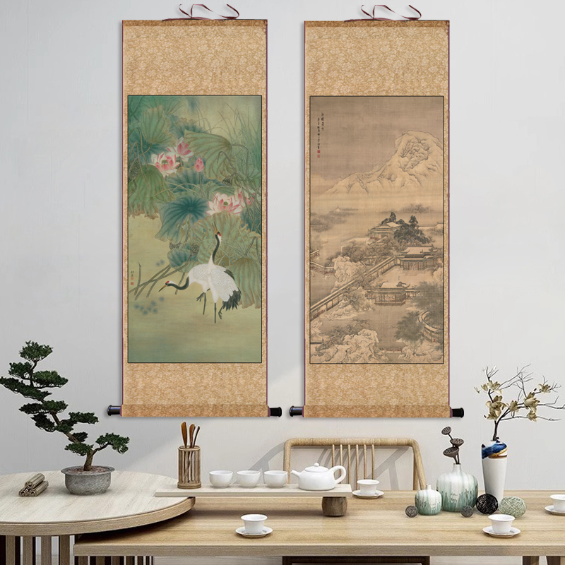 青绿山水秋林待渡国画名家字画酒店装饰挂画风水招财画荷塘鸳鸯画