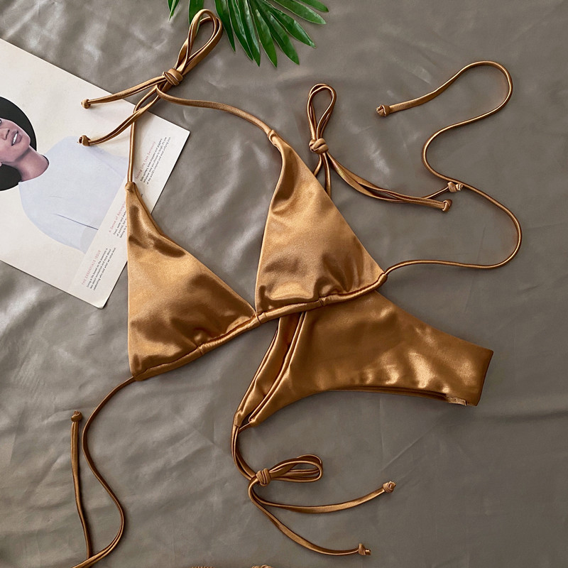 欧美性感金色缎面比基尼三点式绑带分体泳装小胸温泉沙滩度假泳衣