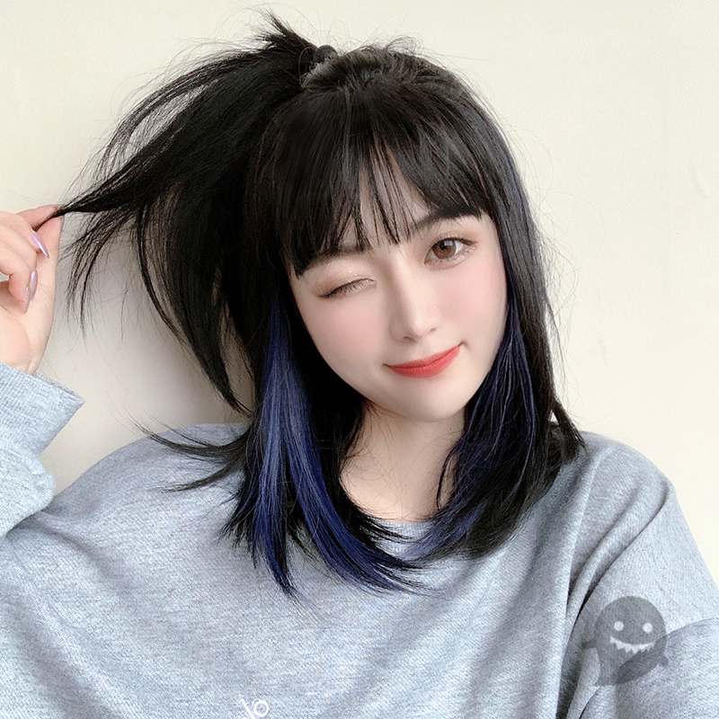 ベ鬼鬼家゛假发女长发 挂耳发蓝色假发 挑染微卷中长发假发套网红