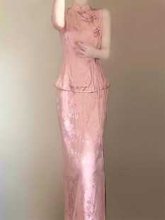 2024夏季一套时尚新中式国风套装御姐气质高级感粉色盘扣连衣裙子