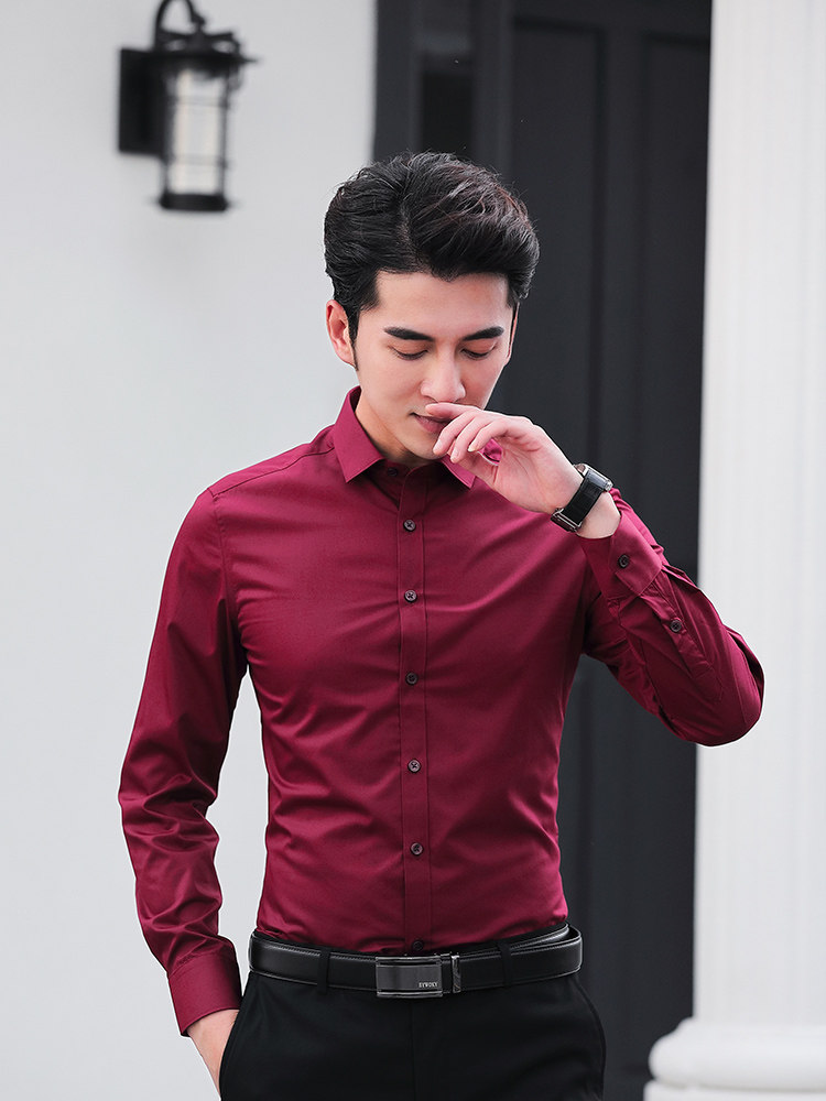 新郎衬衫男结婚礼服酒红色长袖婚礼红色夏季薄款修身衬衣寸短袖衫