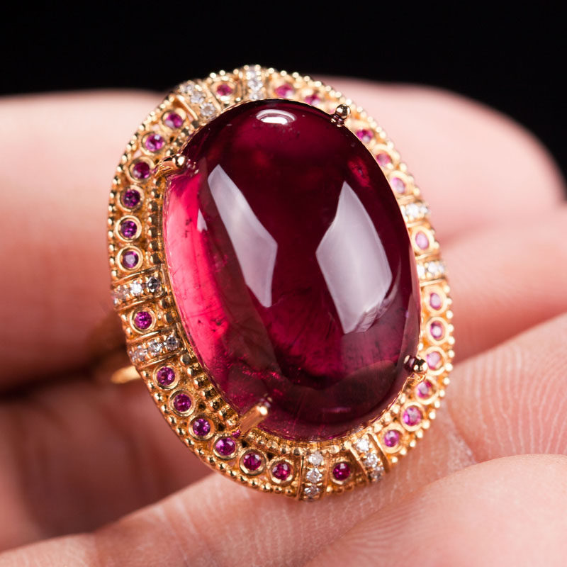 主石21.6克拉 稀有大颗粒鸽血红碧玺 18k金镶钻石红宝石戒指