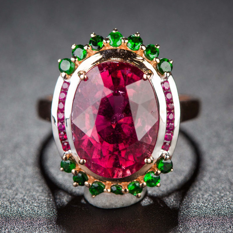 传承之宝 天然卢比来碧玺戒指 18k金镶红宝石沙弗莱宝石 霸气奢华