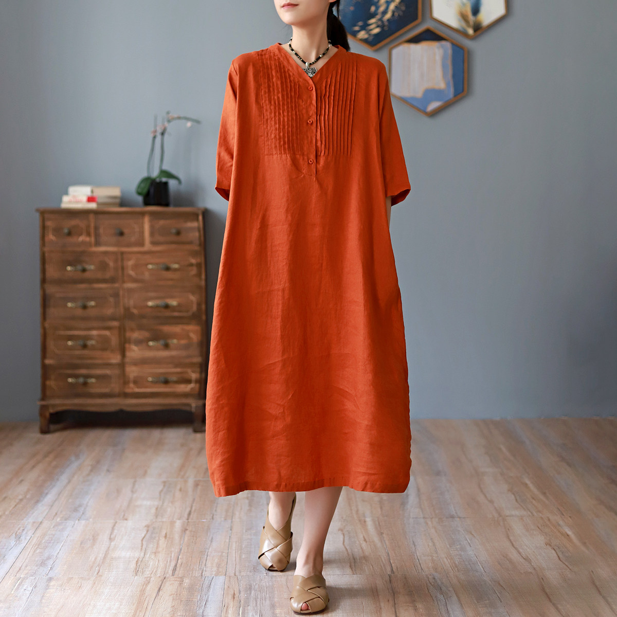 夏季新款亚麻风琴褶连衣裙复古棉麻文艺中长款纯色气质短袖长裙女
