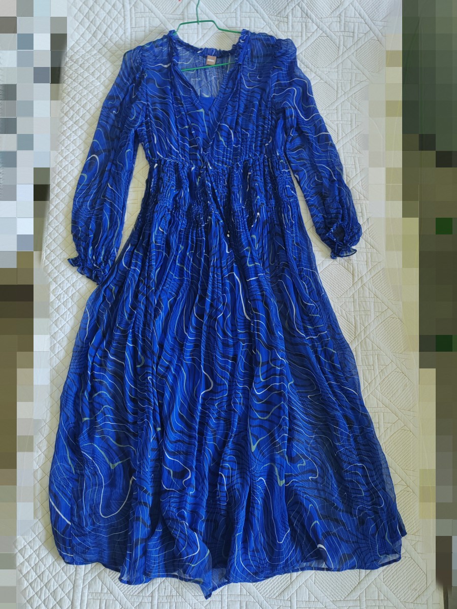 女士春夏新款蓝色印花真丝长袖连衣长裙