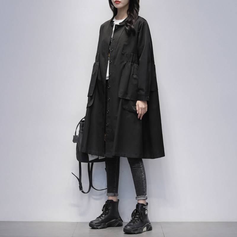 黑色风衣女中长款2022春季新款韩版立领长袖休闲简约宽松显瘦外套