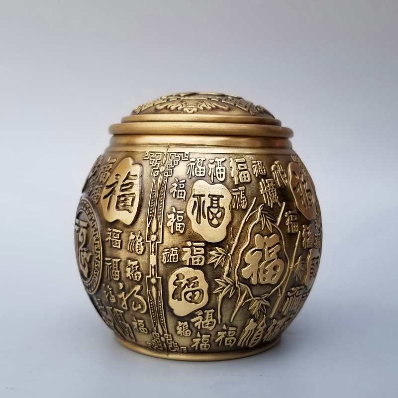 仿古铜茶叶罐带盖密封罐浮雕百福罐子置物罐定做铜器摆件铜将军罐