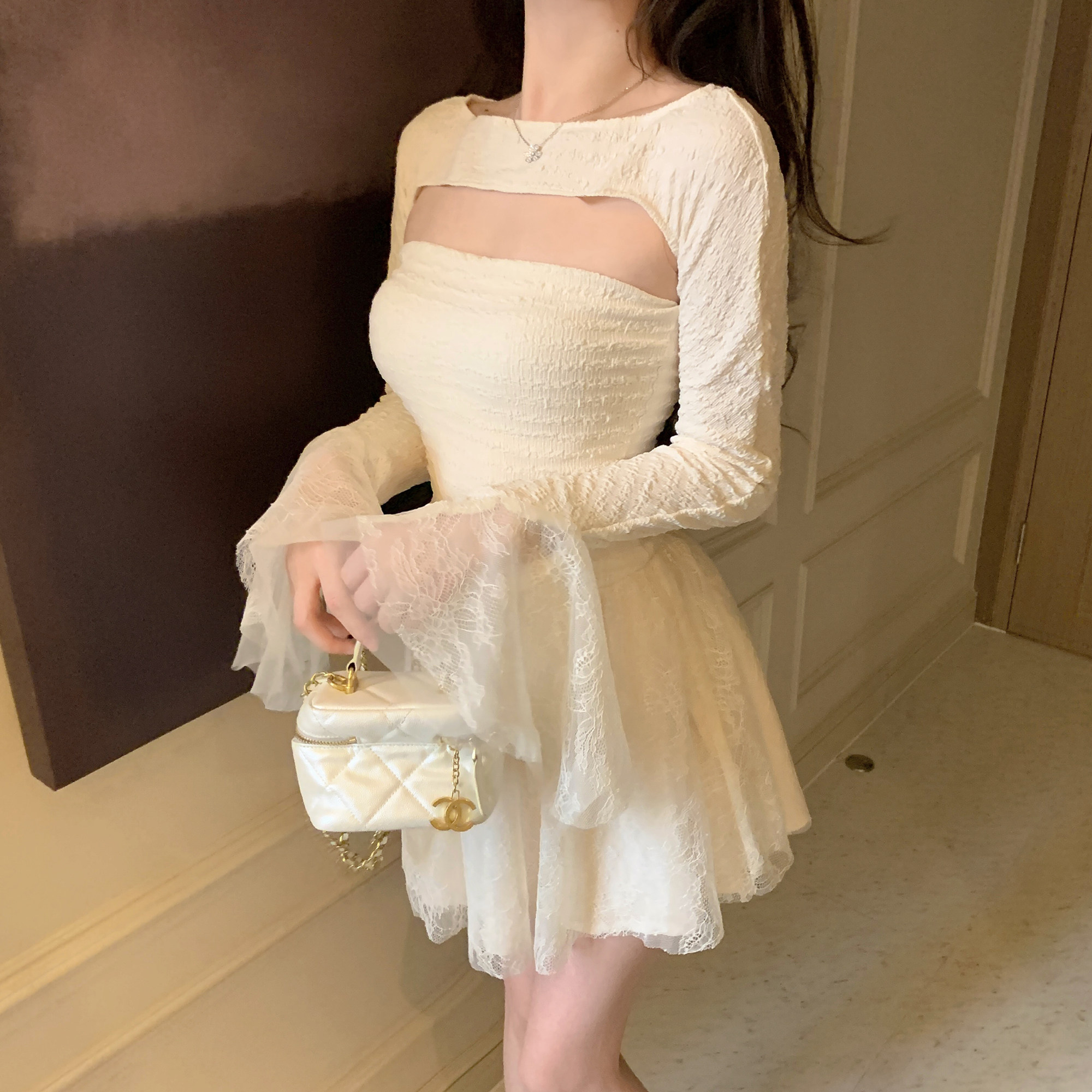 xuerstudio针织抹胸连衣裙女春季2022新款蕾丝收腰设计感小众裙子