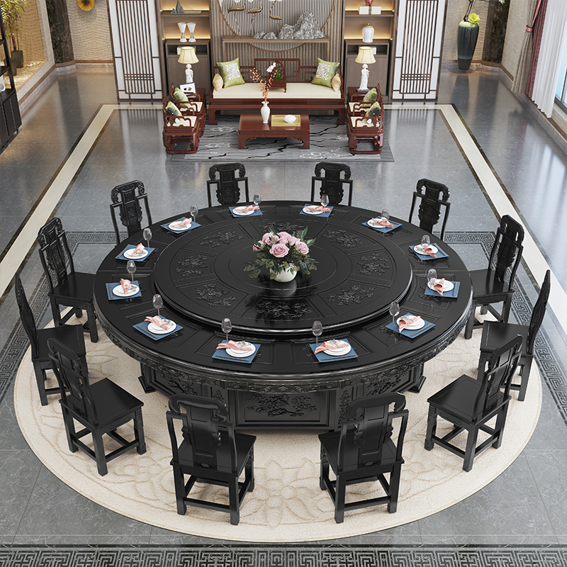 全实木餐桌椅组合18人酒店宴会电动吃饭桌20人中式仿古雕花大圆桌